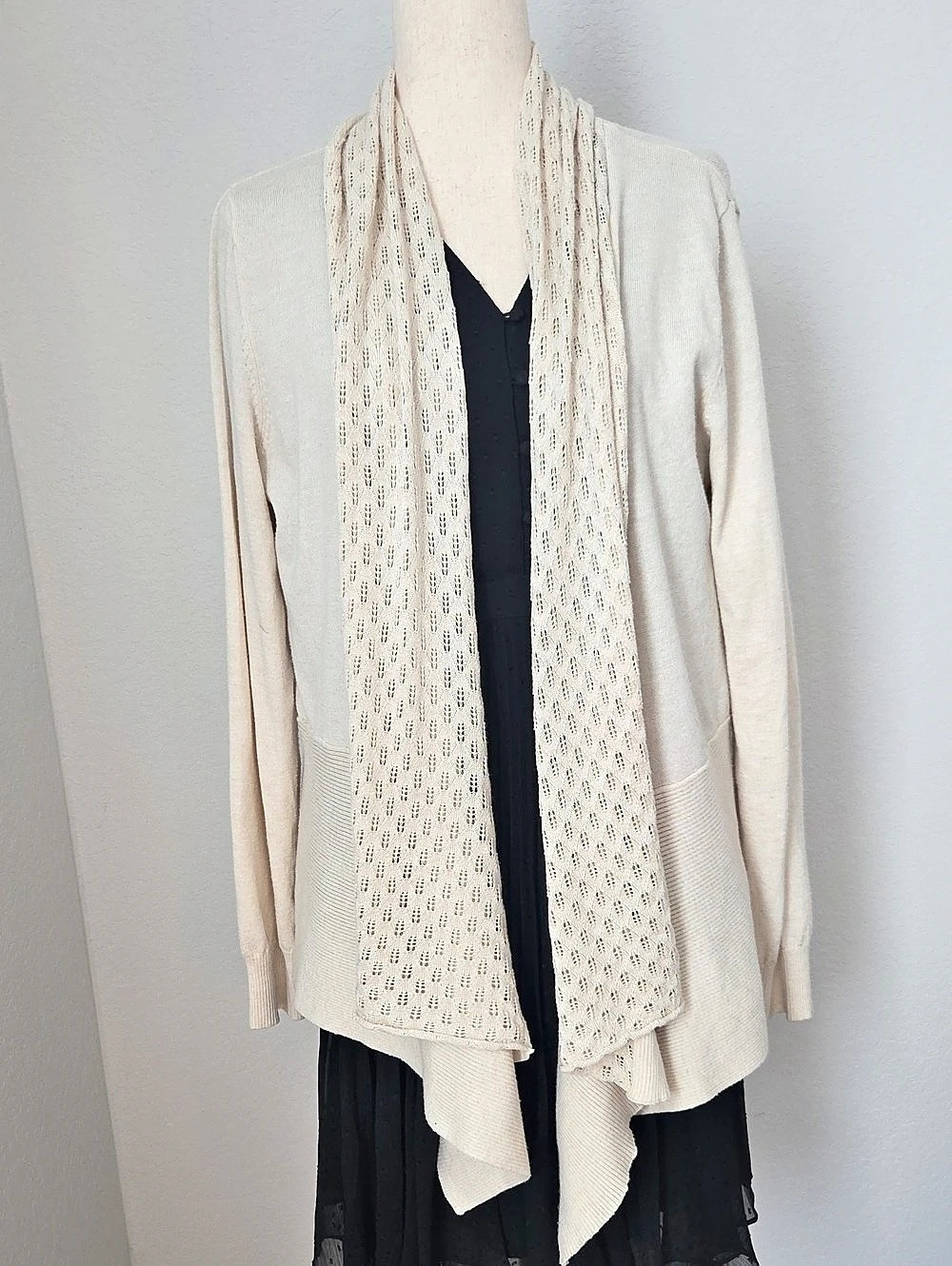Karen Scott Open Front Cardigan Cream Knit Sweater Large Boho Long